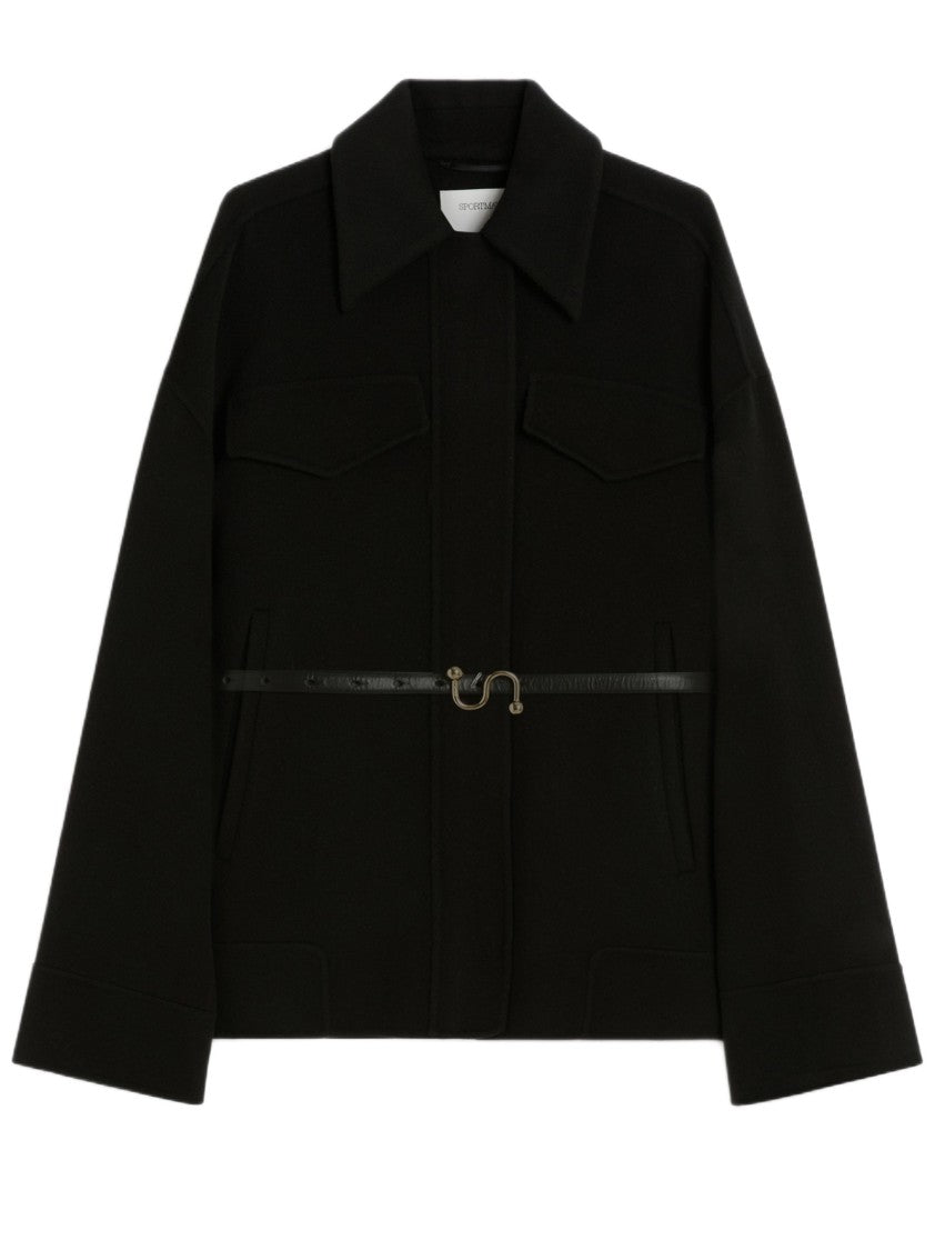 Sportmax Double Wool Caban With Shirt Collar And Leather Belt
