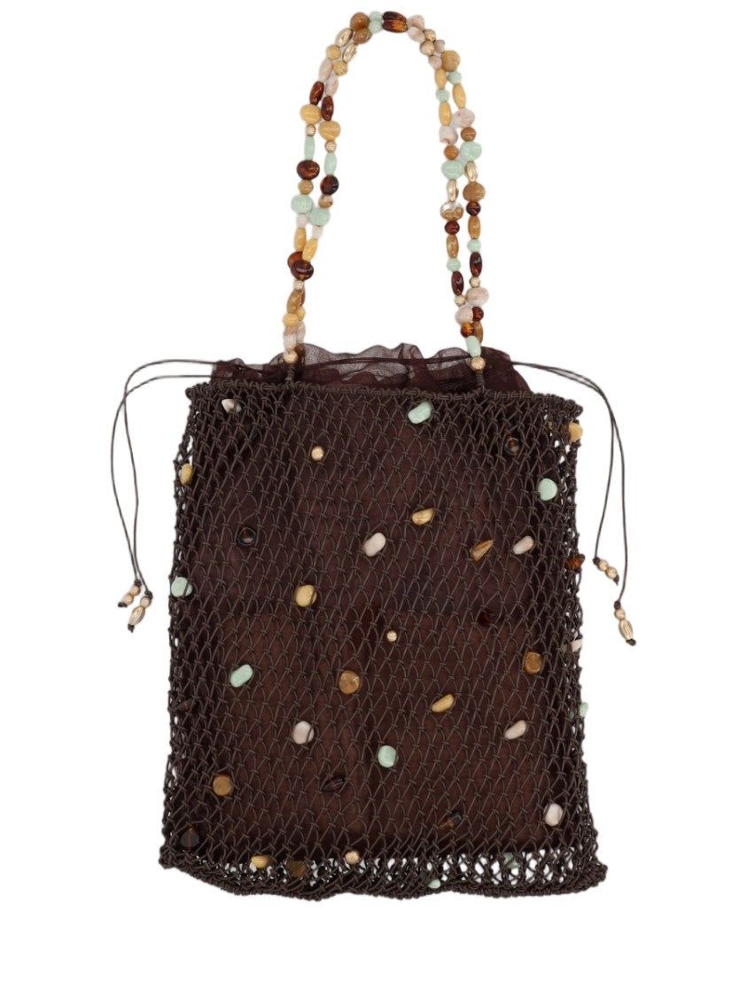 Cult Gaia Brown Decorative Beaded Tote Bag With Drawstring Closure