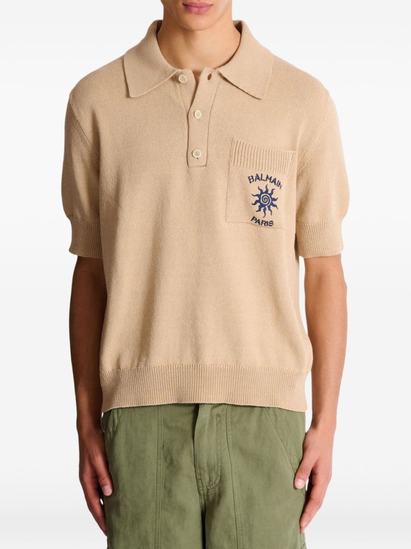 Balmain Beige Ribbed Short-Sleeve Polo Shirt