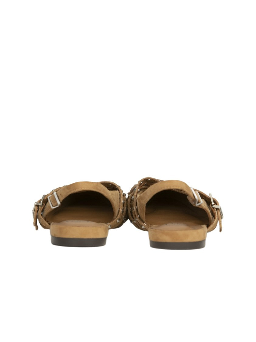 Ash Brown Flat Sandals With Pleated Leather Upper And Metallic Accents