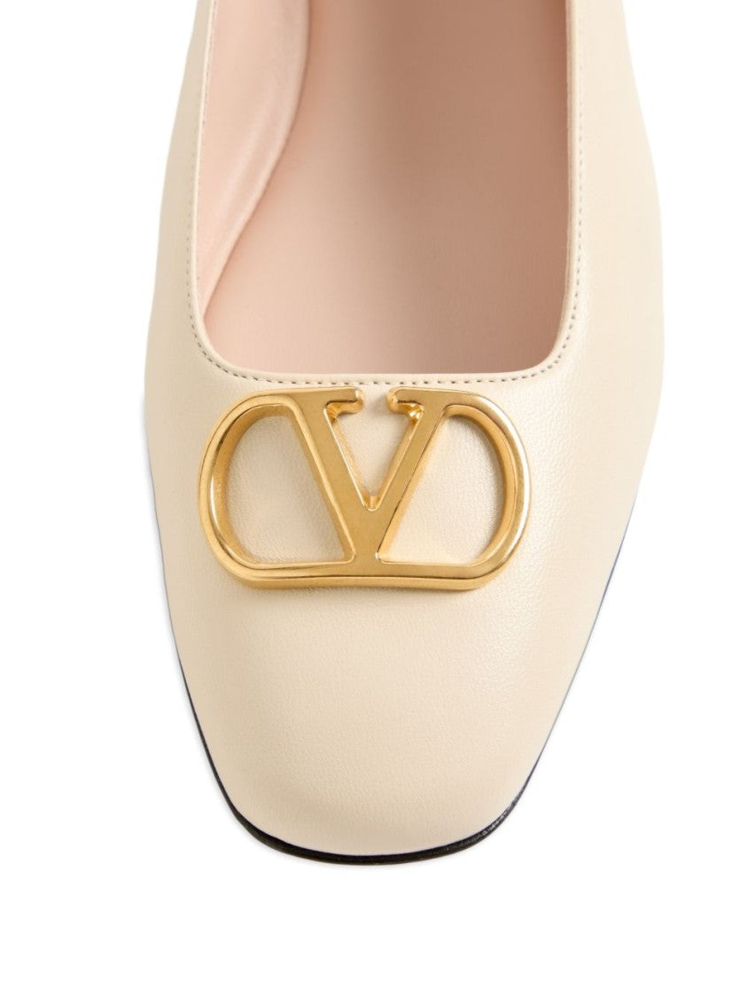 Valentino Garavani Cream Pointed Toe Leather Logo Flats