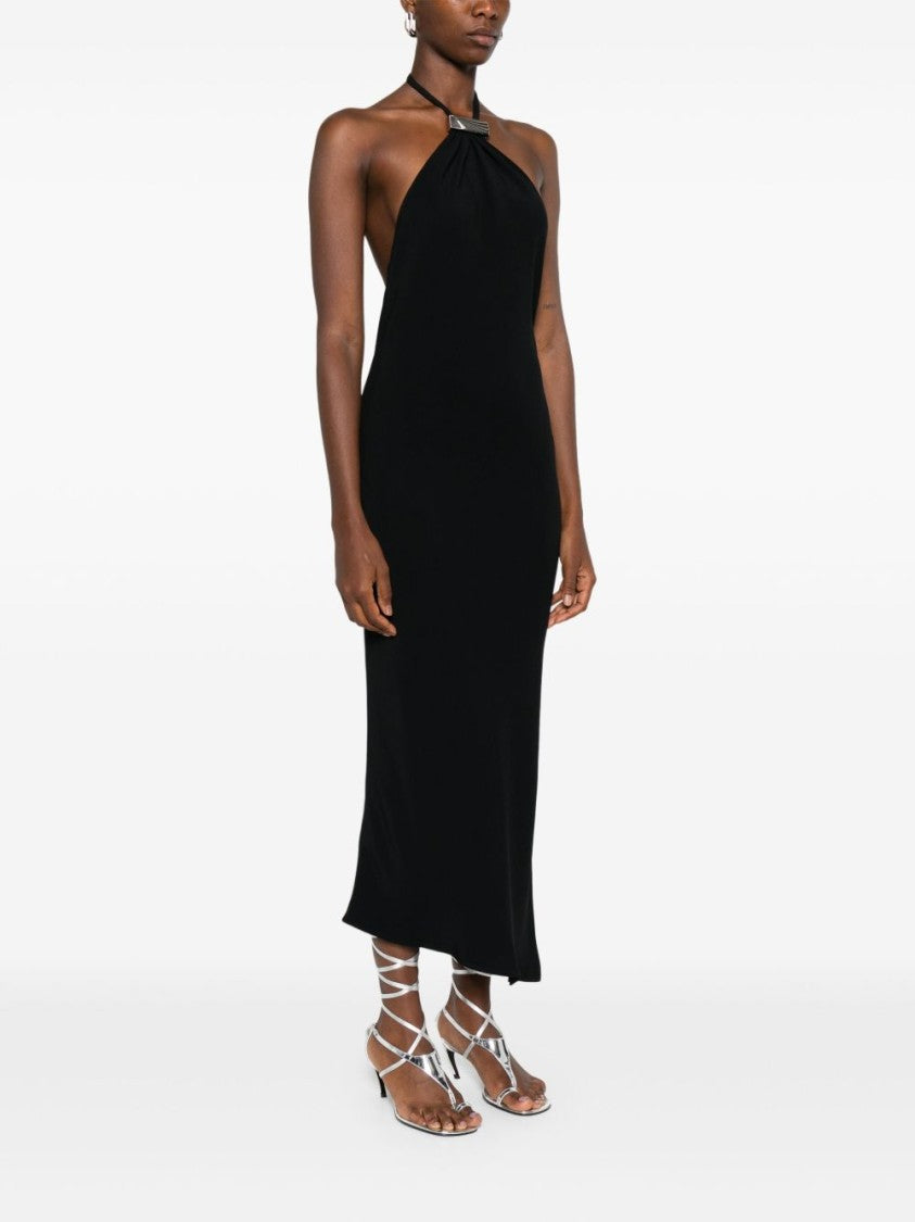 The Attico Asymmetric Hem Black Midi Dress With Halter Neck