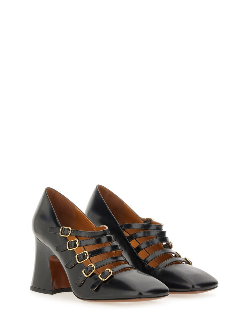Chloé Pointed Toe Black Calf Leather Heels With Flared Block Heel