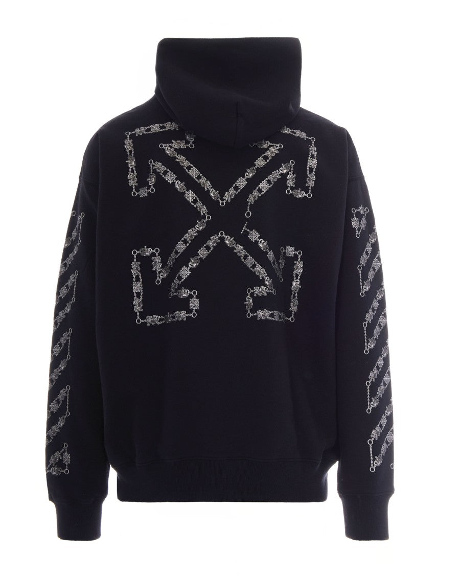 Off-White Pullover Hoodie With Chain Arrow Motifs And Drawstring Hood