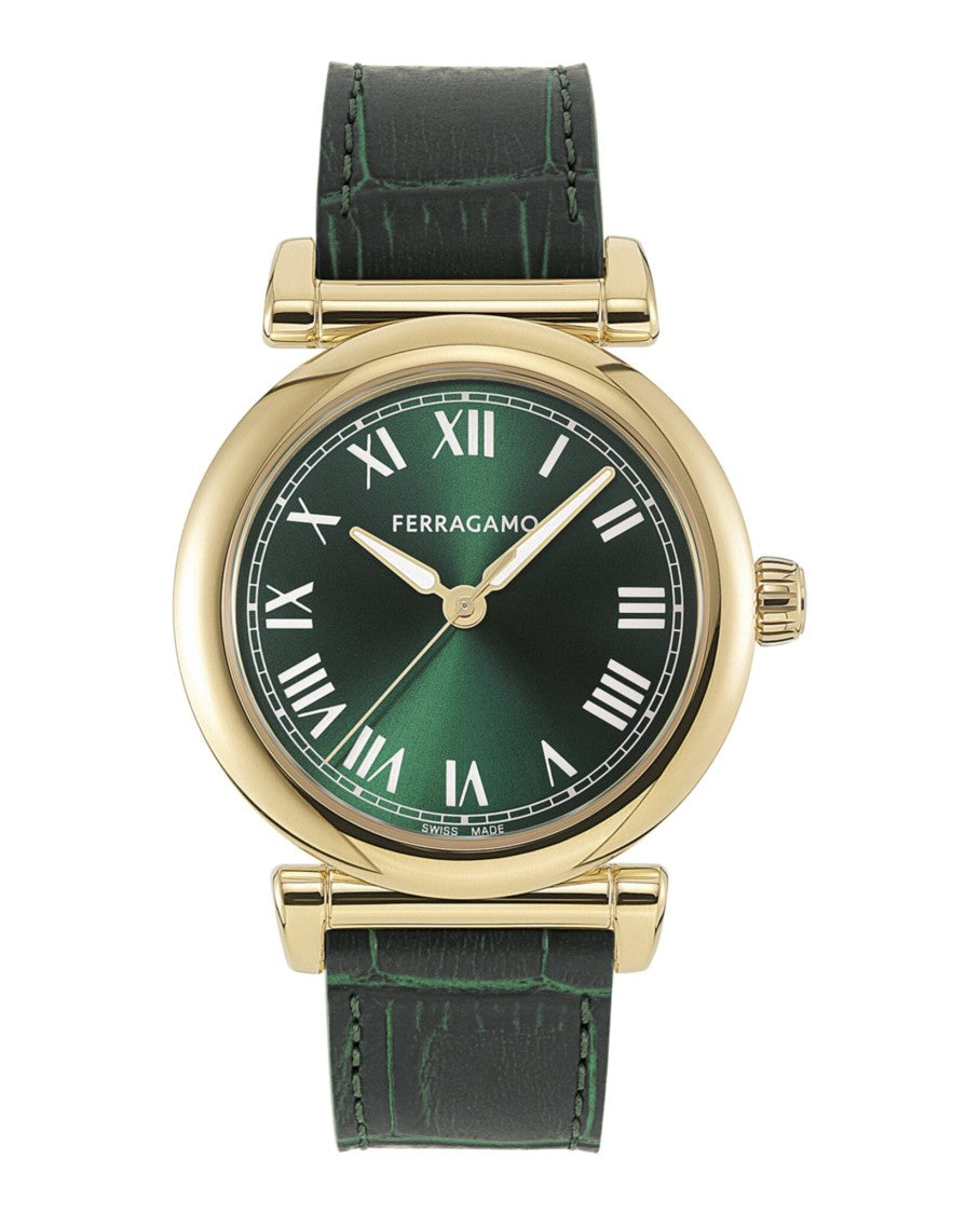 Ferragamo Allure Leather Watch With Green Sunray Dial