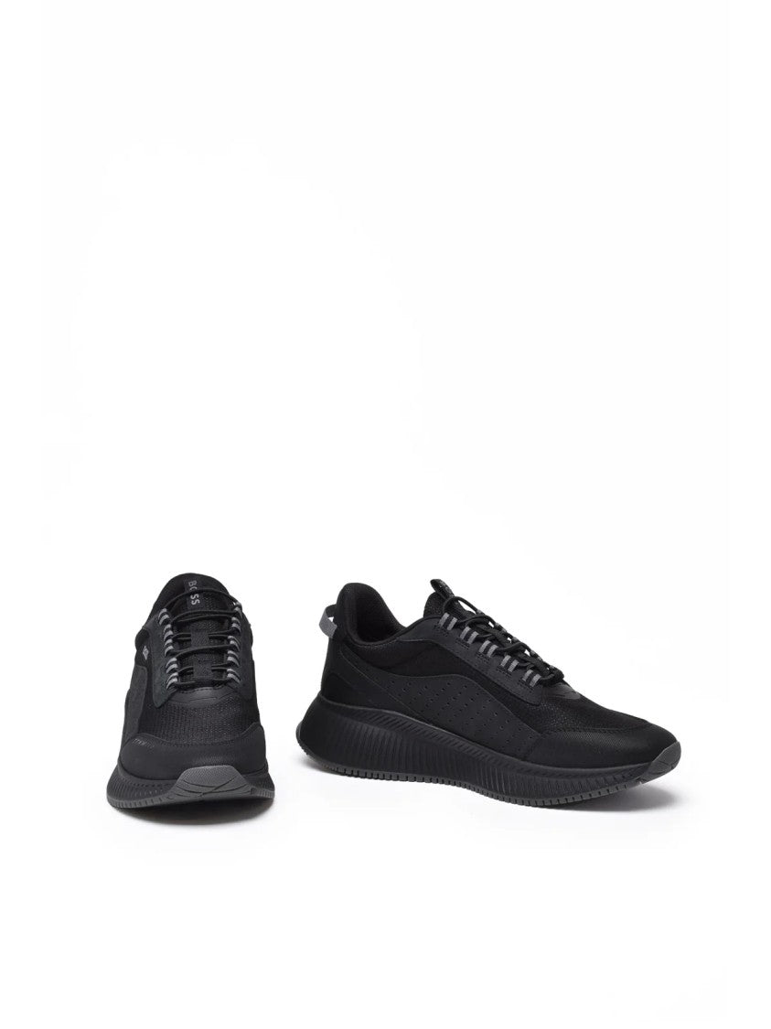 Boss Black Leather-Blend Stretch Sneakers