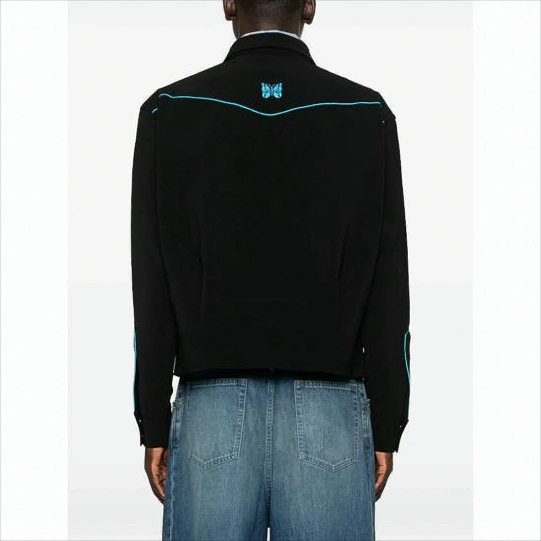 Needles Embroidered Black Jacket With Turquoise Butterfly Motifs