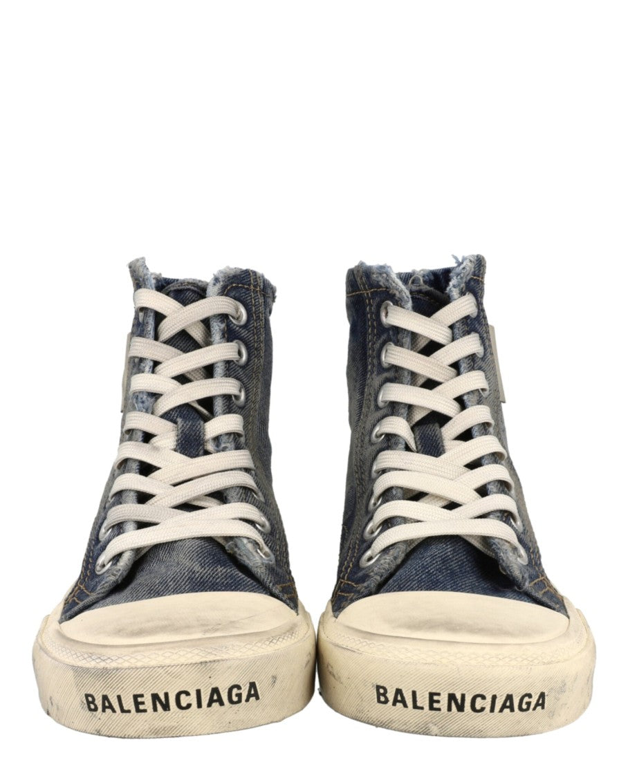 Balenciaga Faded Denim High-Top Sneakers With Frayed Trim And Distressed Sole