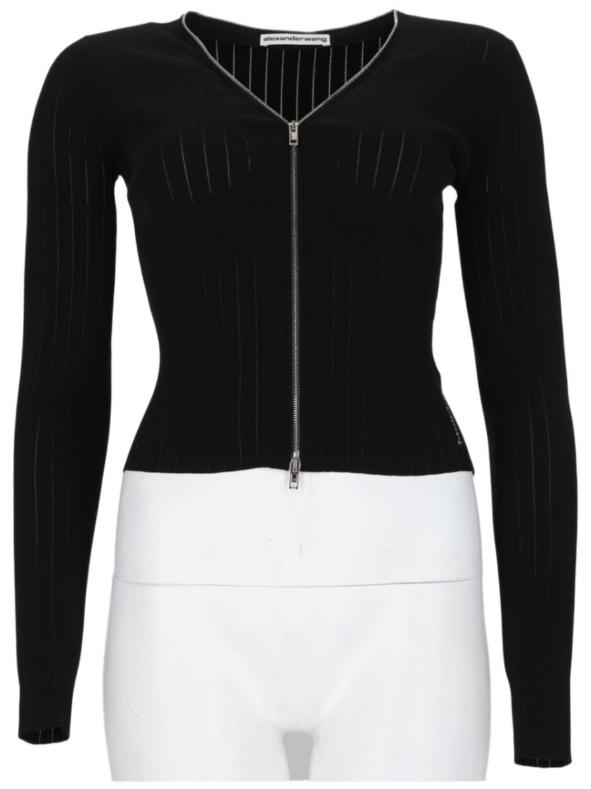 Alexander Wang Pointelle Textured Cardigan With Zip-Up Front And V-Neckline