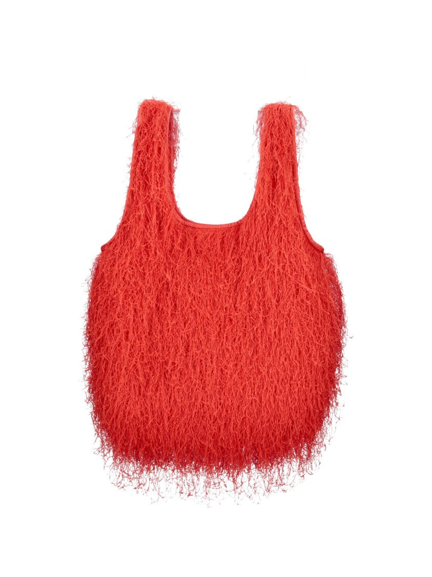Dries Van Noten Red Shaggy Fringed Exterior Tote Bag