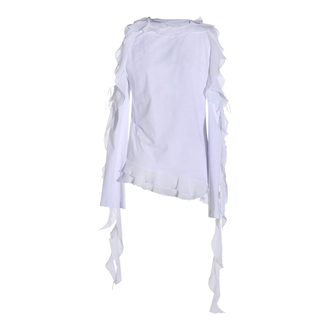 Blumarine Long-Sleeved Top With Ruffled Trims And Asymmetrical Hemline