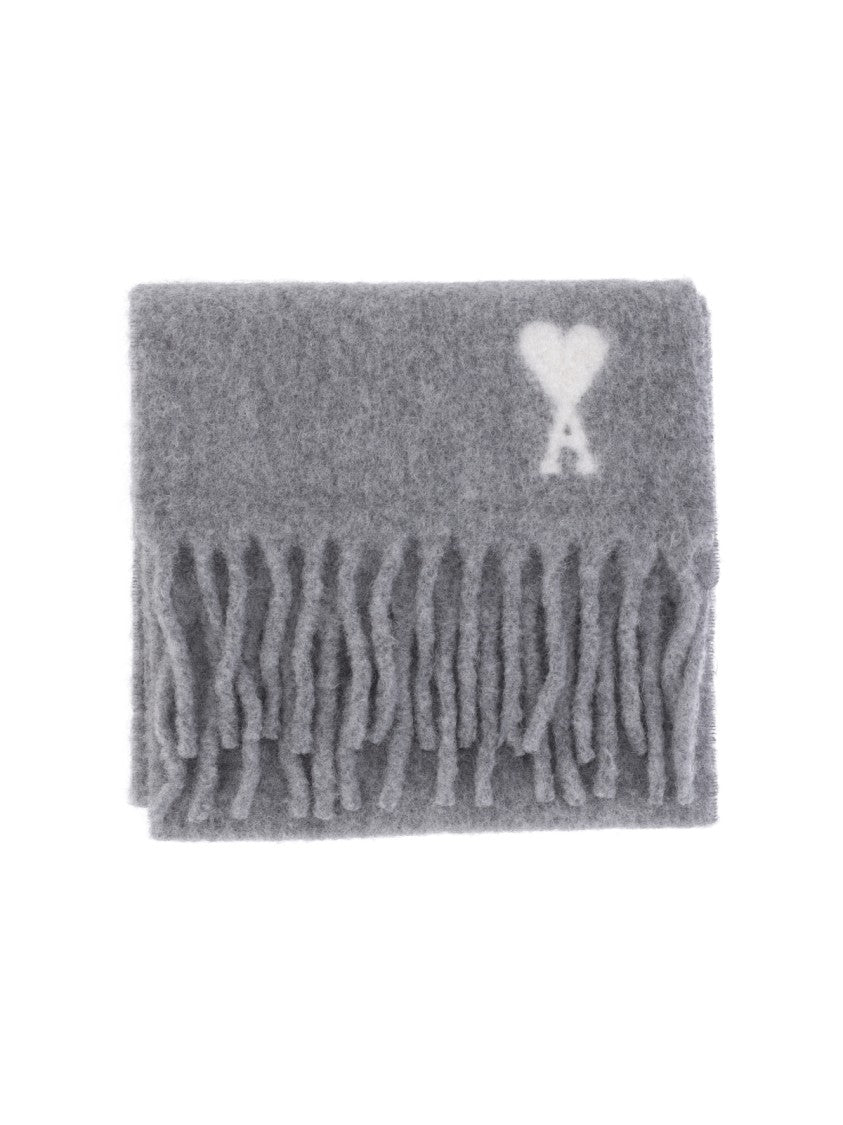 Ami Paris Rectangular Grey Wool Blend Scarf With Fringed Edges And Intarsia Logo