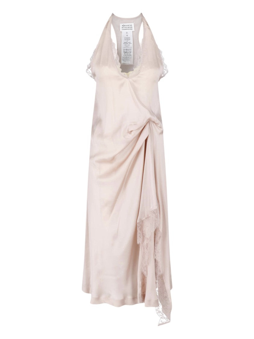 Maison Margiela Draped Satin Midi Dress With Lace Trims