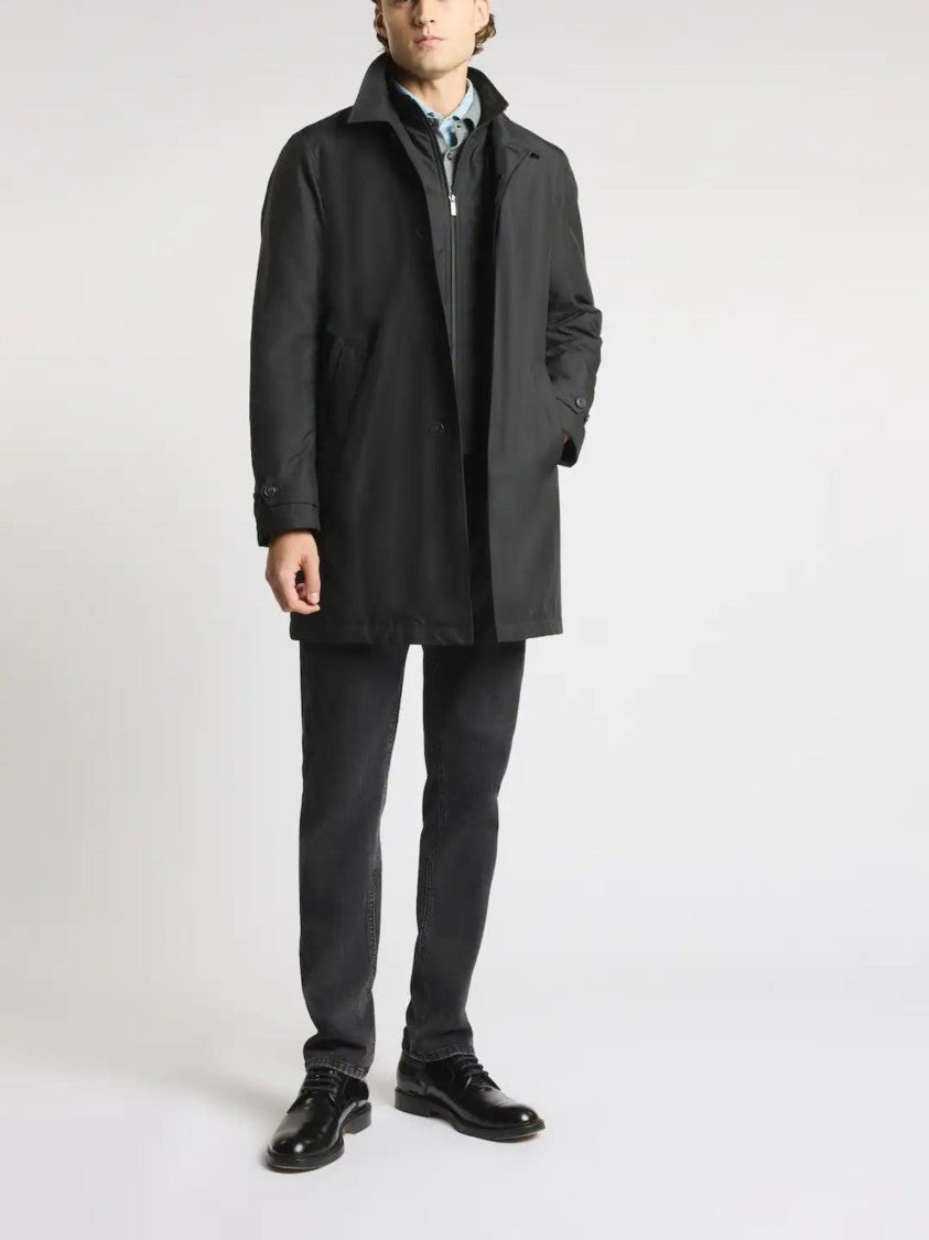 Fay Minimalist Black Morning Coat With Concealed Closure And Quilted Interior