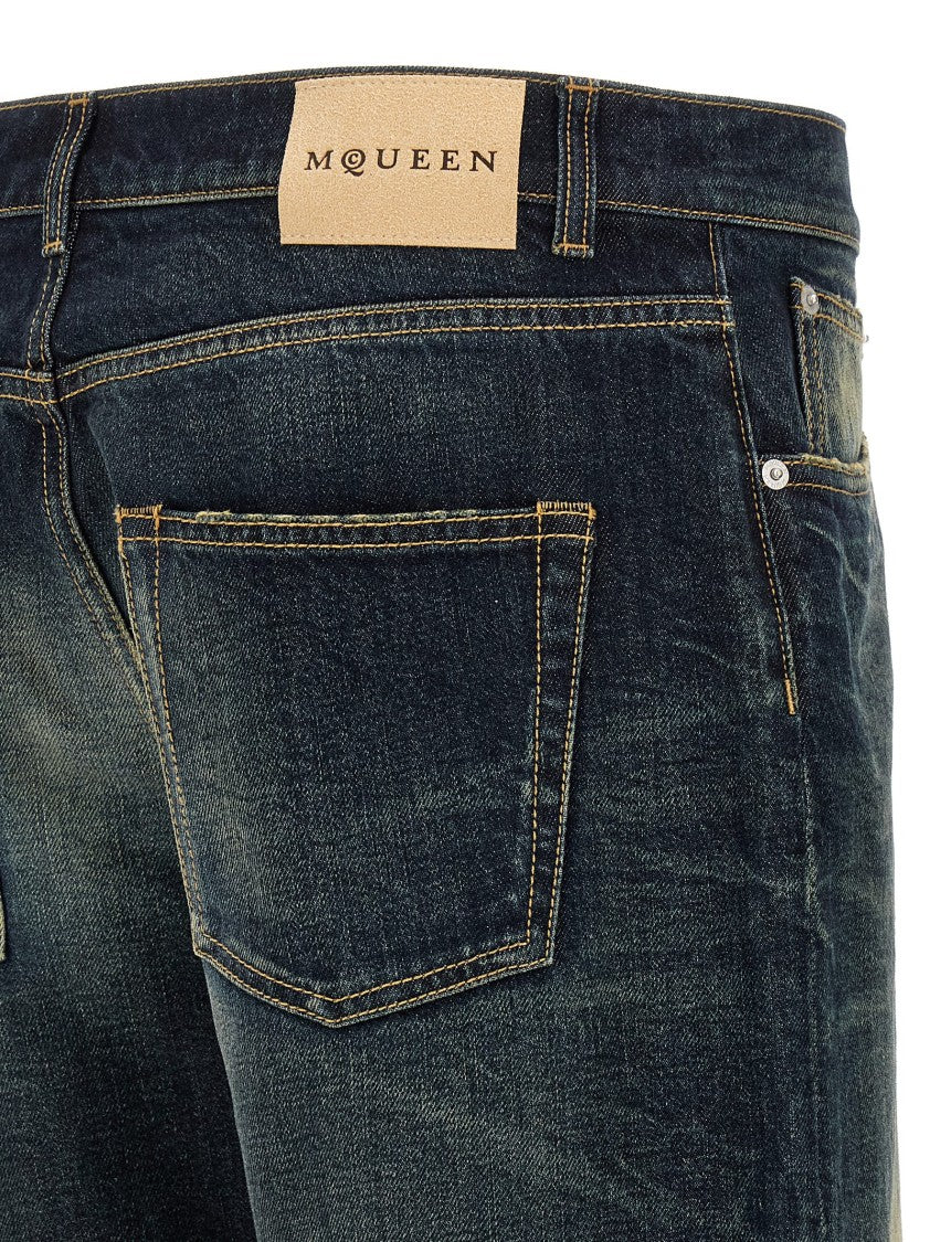 Mcqueen Stonewashed Five-Pocket Wide Leg Denim Jeans