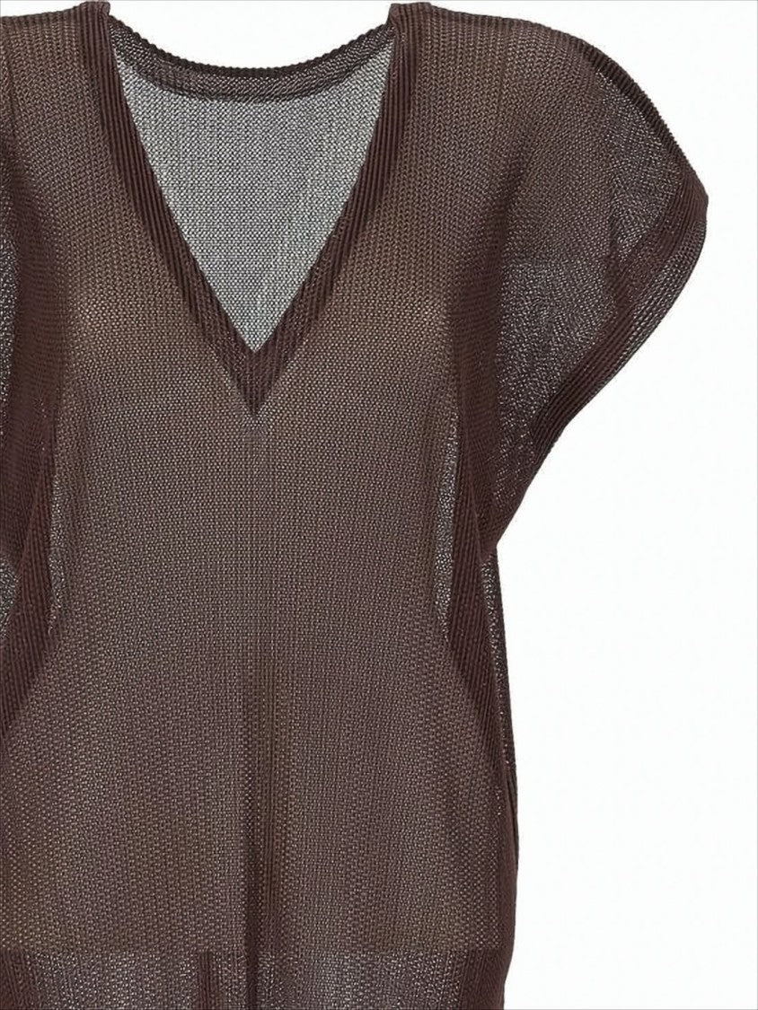 Pleats Please Semi-Sheer Brown Top With Deep V-Neckline