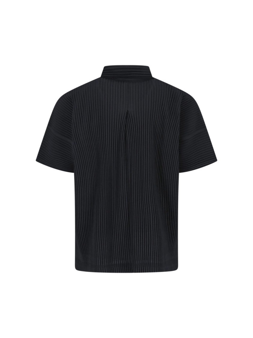 Homme Plissé Issey Miyake Black Short-Sleeve Bowling Collar Pleated Polo Shirt