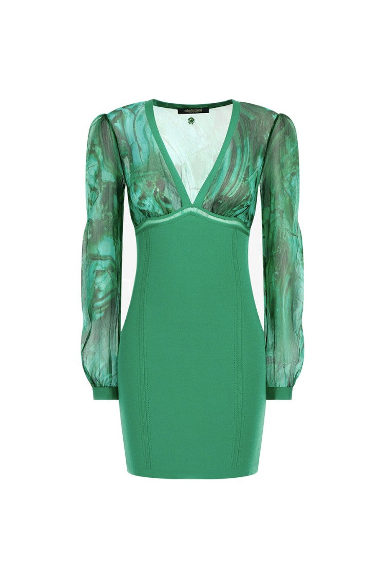 Roberto Cavalli Fitted Green Dress With Sheer Sleeves