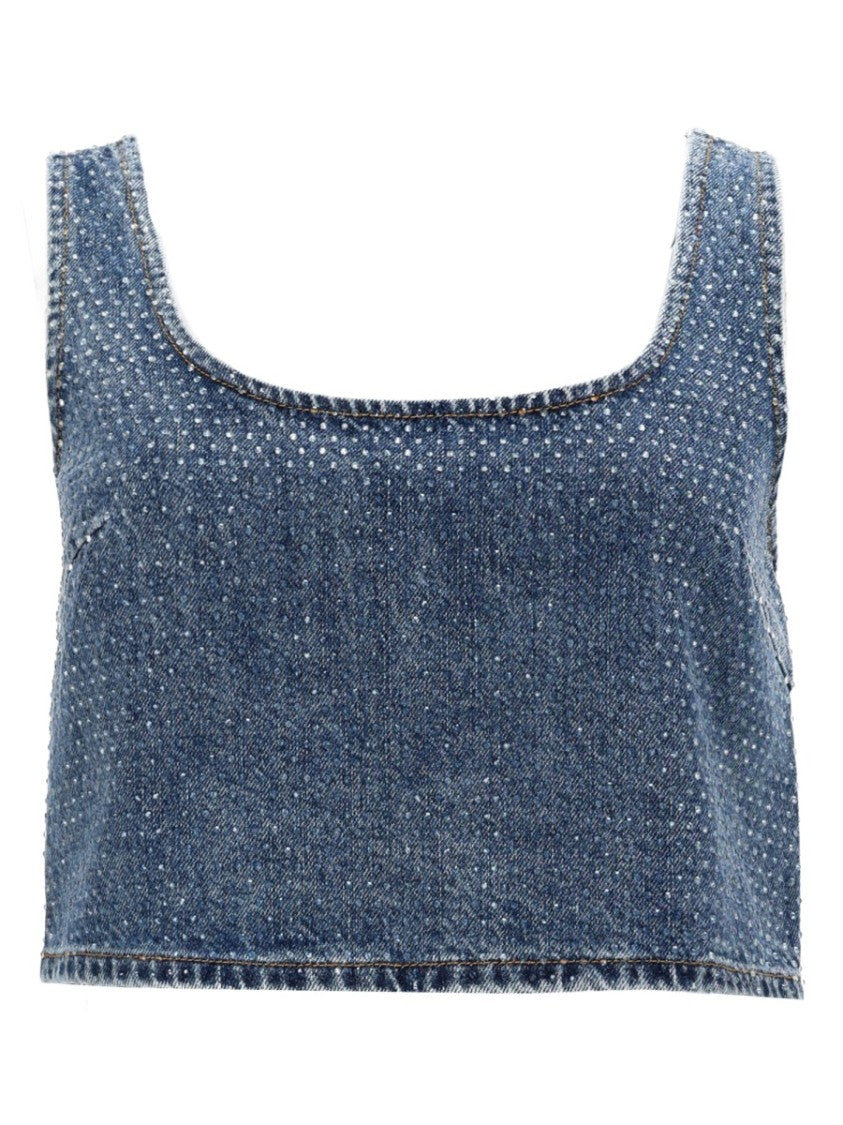 Self-Portrait Cropped Denim Rhinestones Back Zipper Top