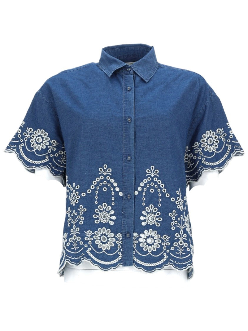 Mc2 Saint Barth Clementine Floral Embroidered Chambray Shirt