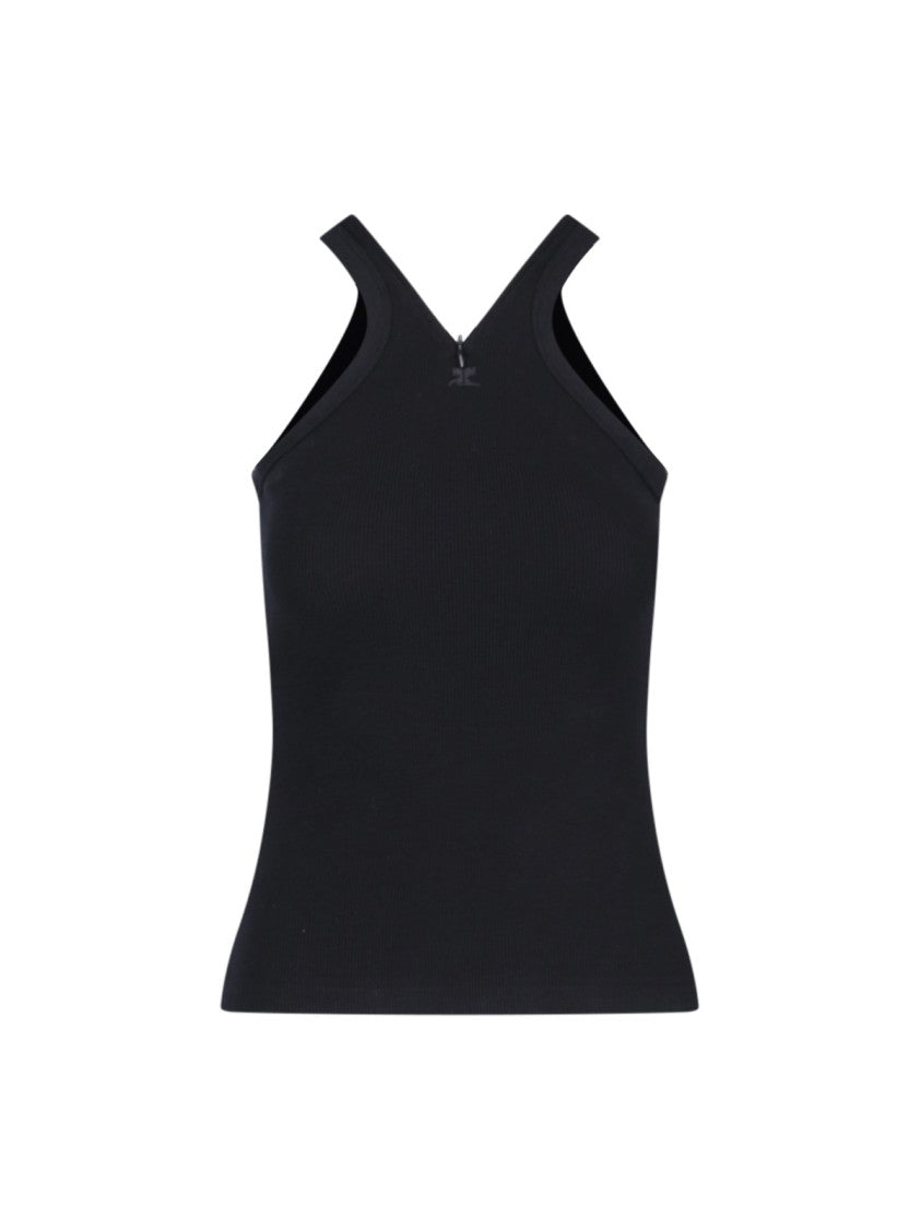 Courrèges Logo Top In Black Stretch Cotton Ribbed Knit