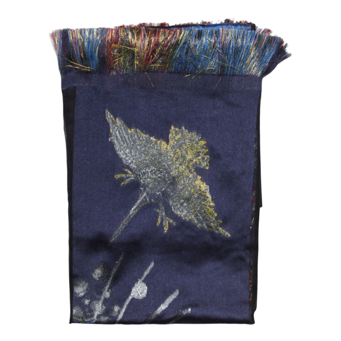 Alexander Mcqueen Navy Blue Printed Scarf With Multicolored Fringes