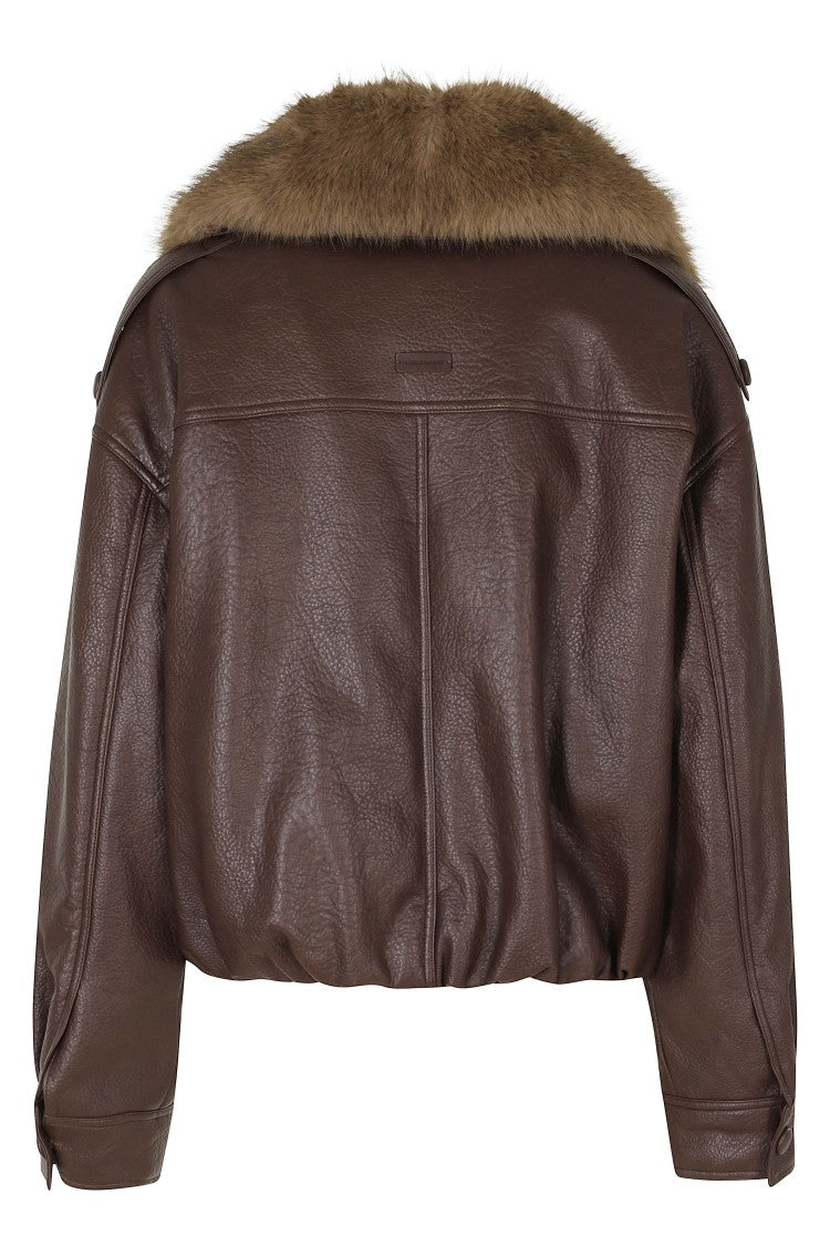Isabelle Blanche Brown Faux Leather Fur Collar Bomber Jacket