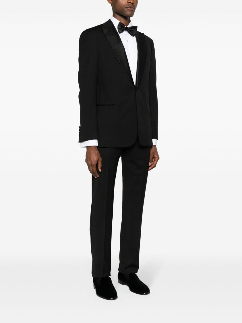 Giorgio Armani Black Satin Peak Lapel Wool Suit