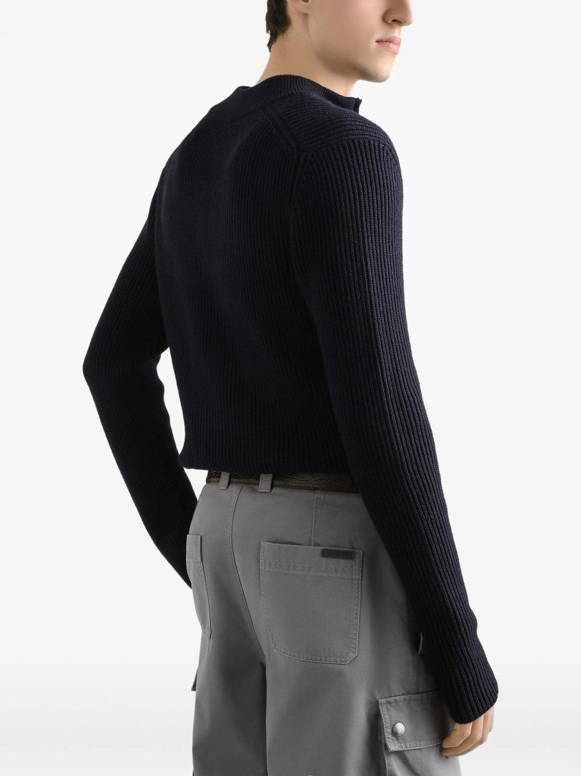 Dolce & Gabbana Blue Ribbed Knit Half-Zip Wool Pullover