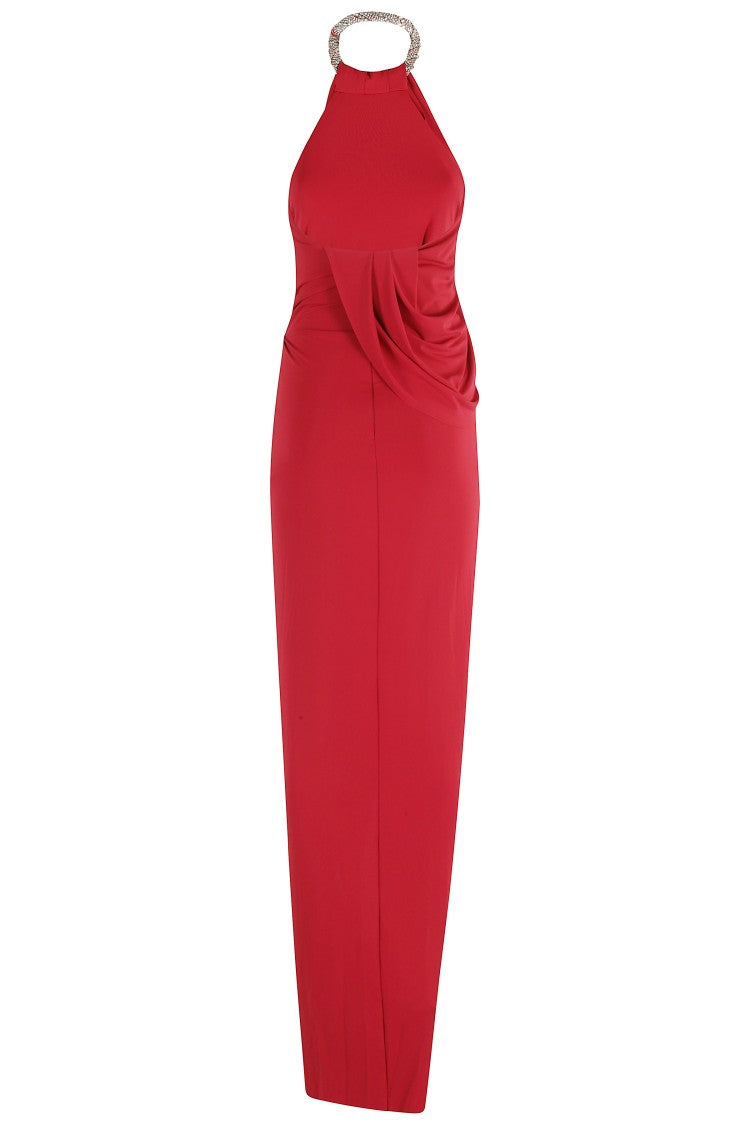 Amen Draped Red Maxi Dress With Torchón Neckline