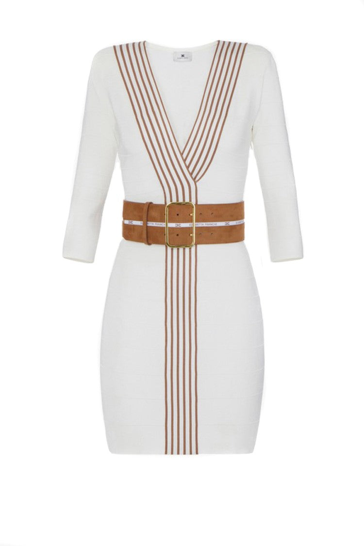 Elisabetta Franchi White Tan Striped Leather Belt Viscose-Blend Dress