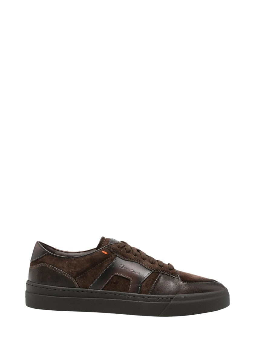 Santoni Low-Top Suede-Panelled Leather Sneakers