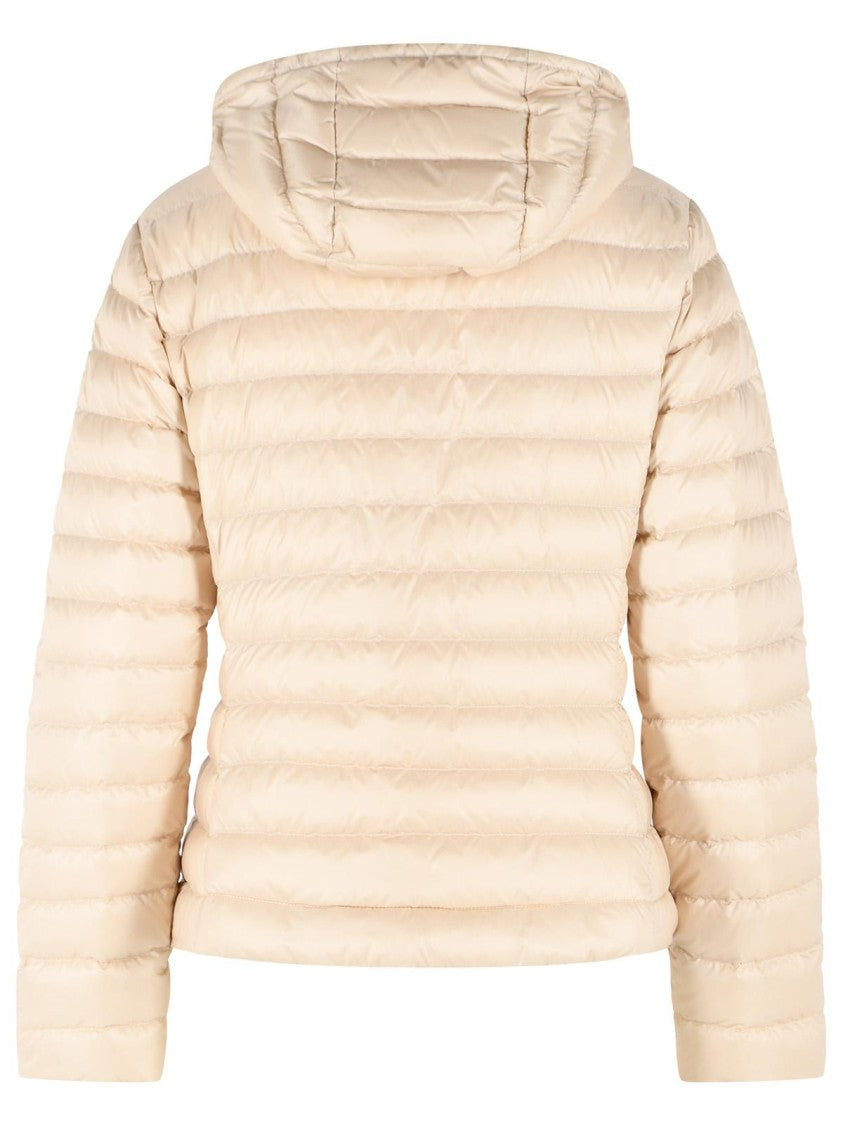 Moncler Quilted Light Beige Down Jacket With Adjustable Hood And Hidden Pockets