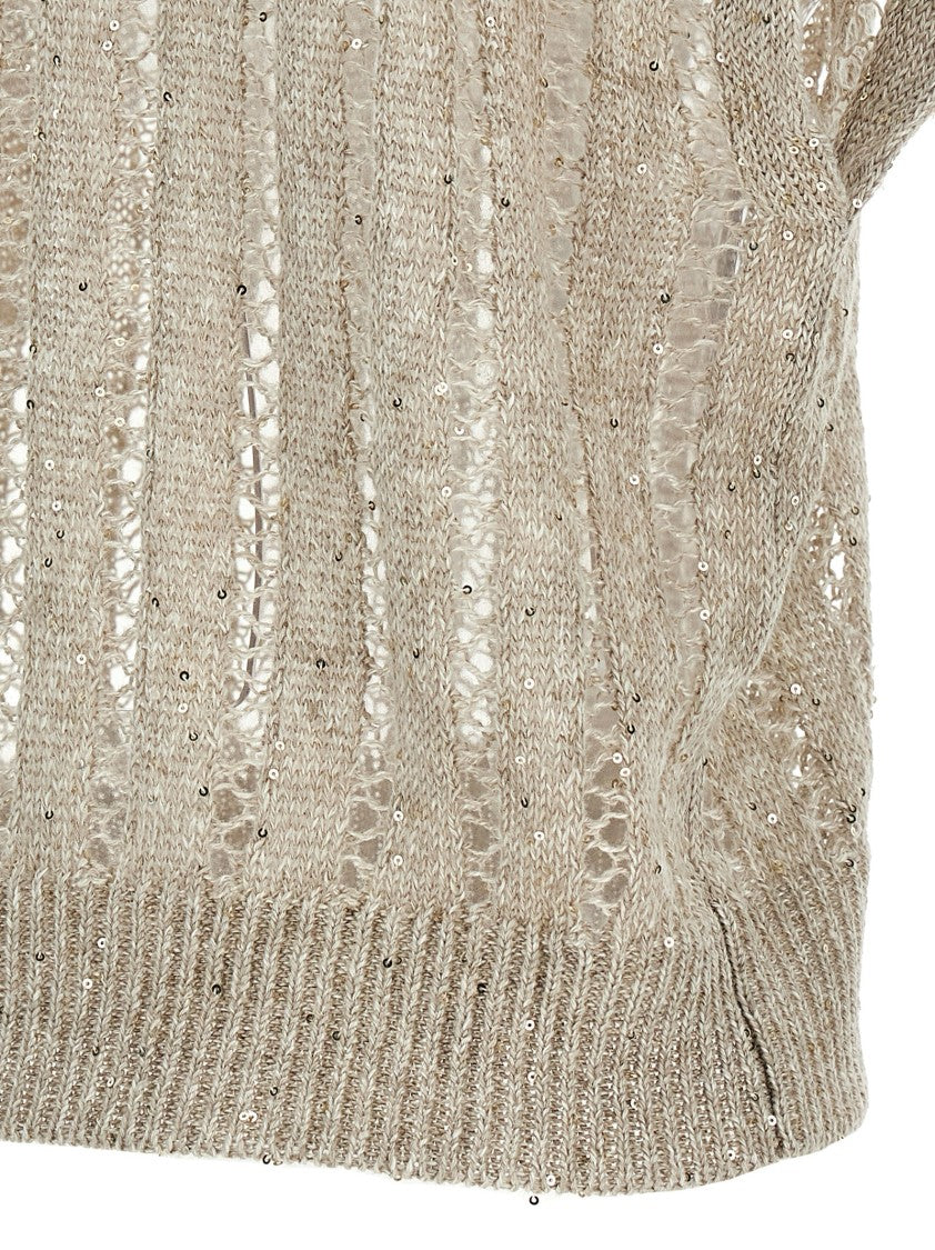 Brunello Cucinelli Ribbed Net Knit T-Shirt With V-Neck