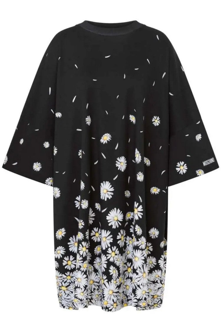 Moschino Floral-Print Black Cotton Dress With Relaxed Silhouette