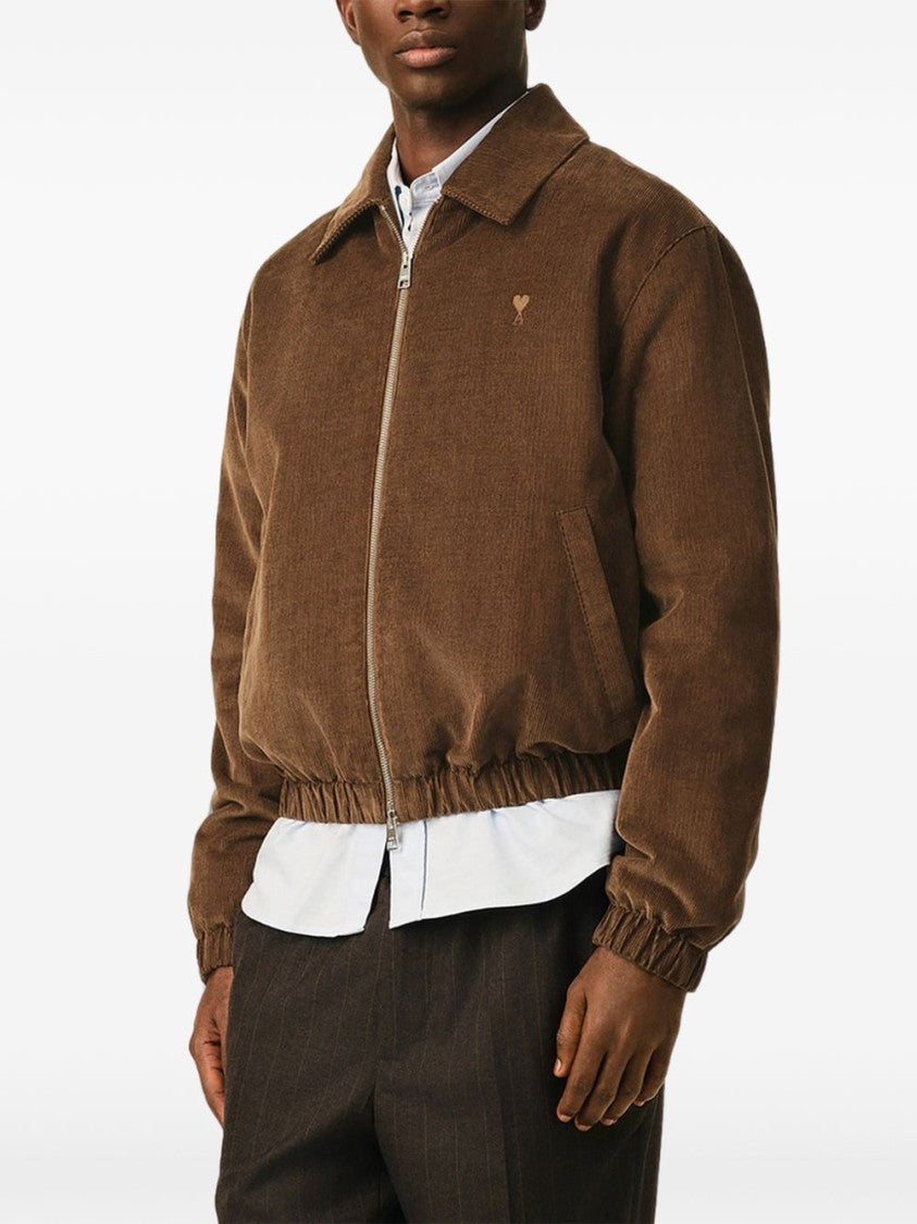 Ami Paris Cropped Boxy Brown Corduroy Jacket With Embroidered Logo