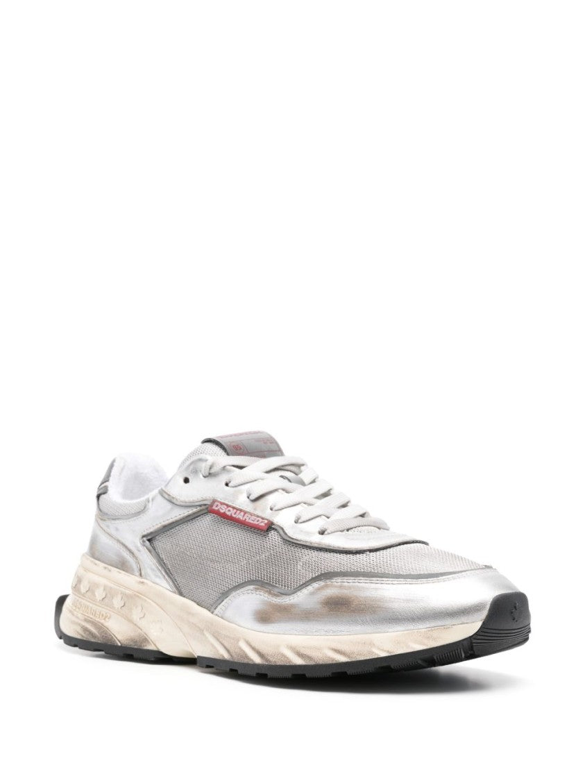 Dsquared2 Vintage-Effect Silver Leather Mesh Sneakers
