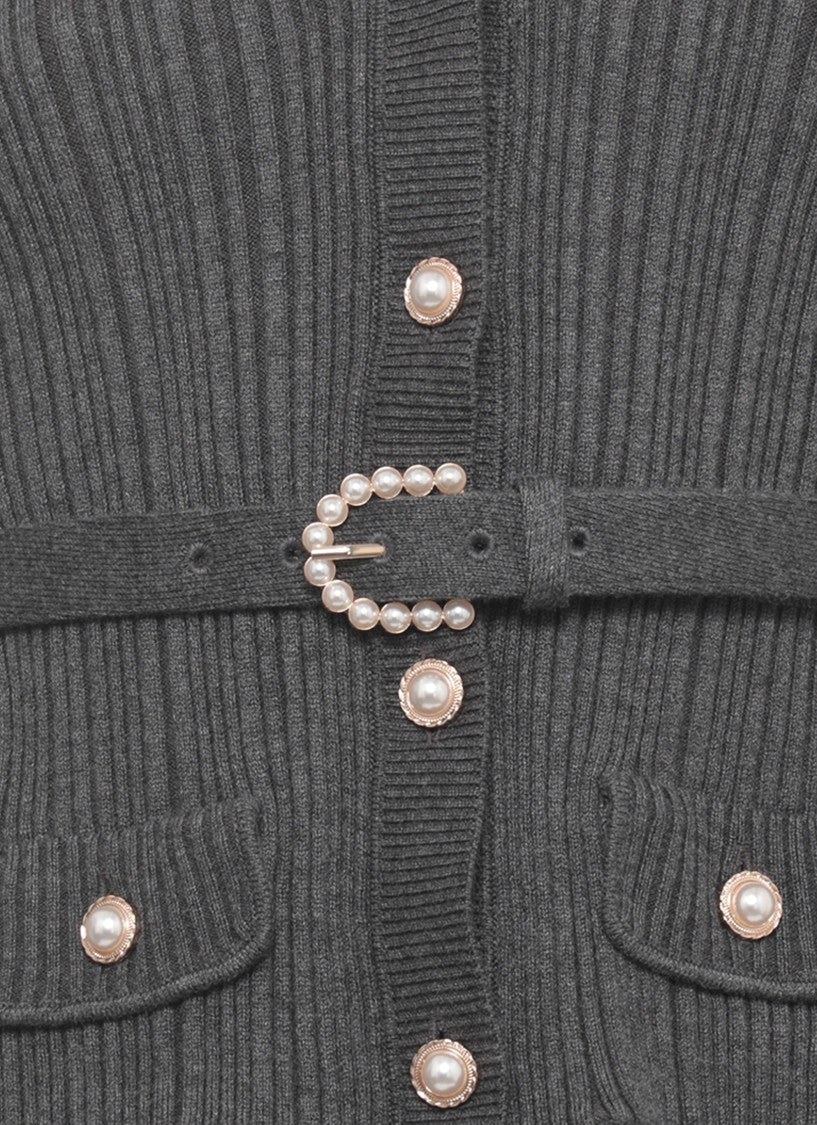 Self-Portrait Grey Ribbed Knit Belted Cardigan