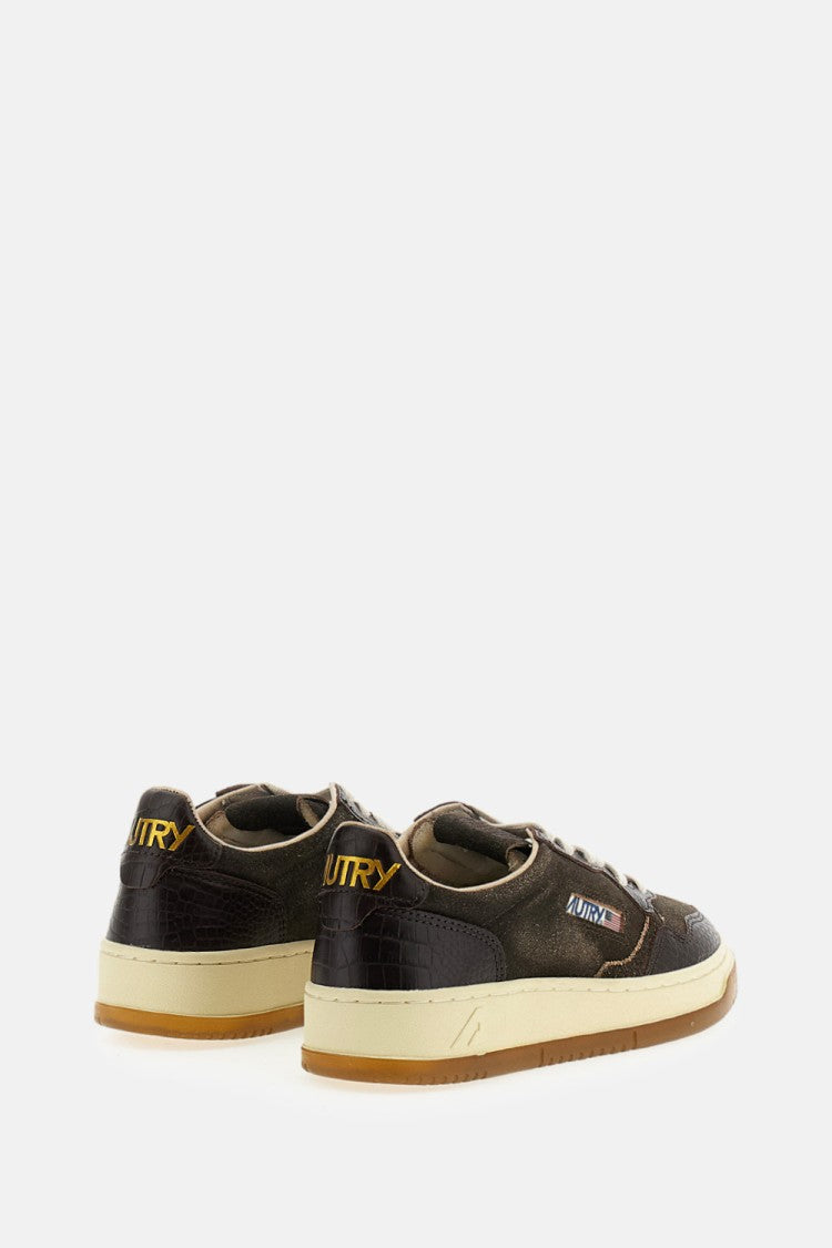 Autry Brown Medalist Low Croc-Effect Leather Sneakers