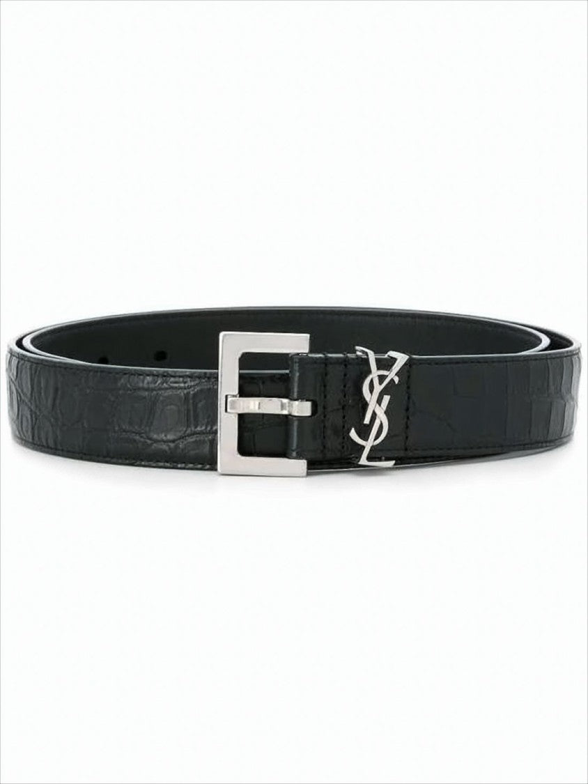 Saint Laurent Textured Crocodile Pattern Leather Belt