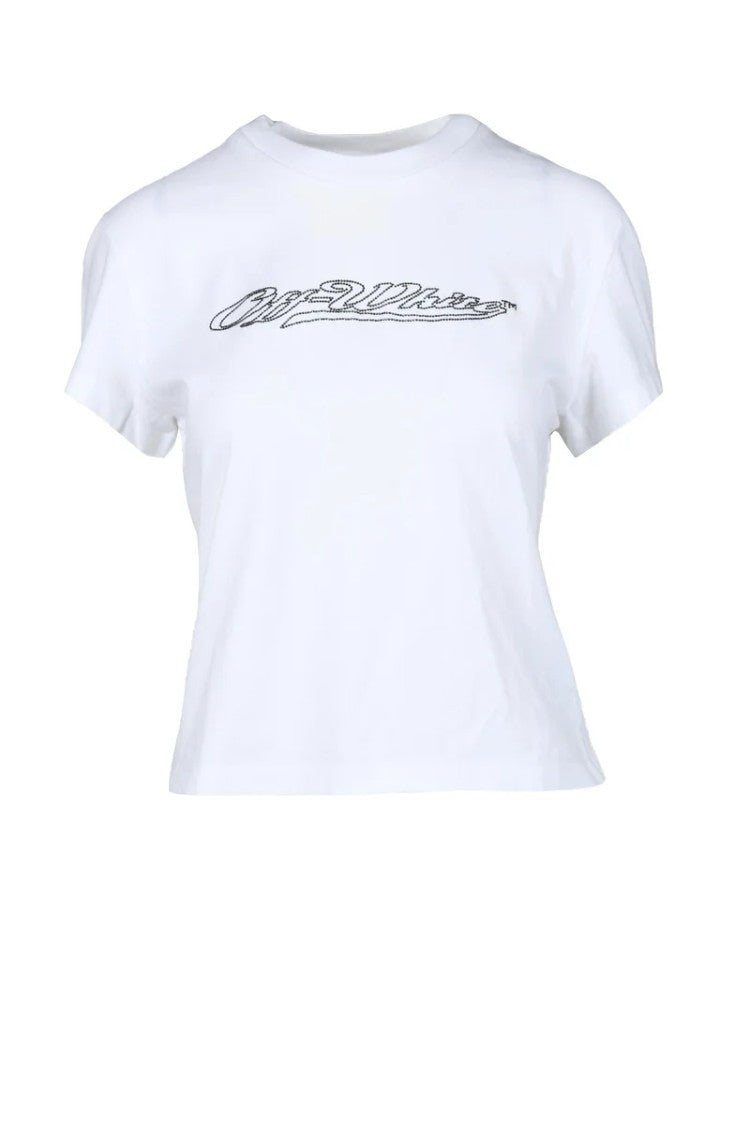 Off-White White Cropped Script Logo Cotton T-Shirt