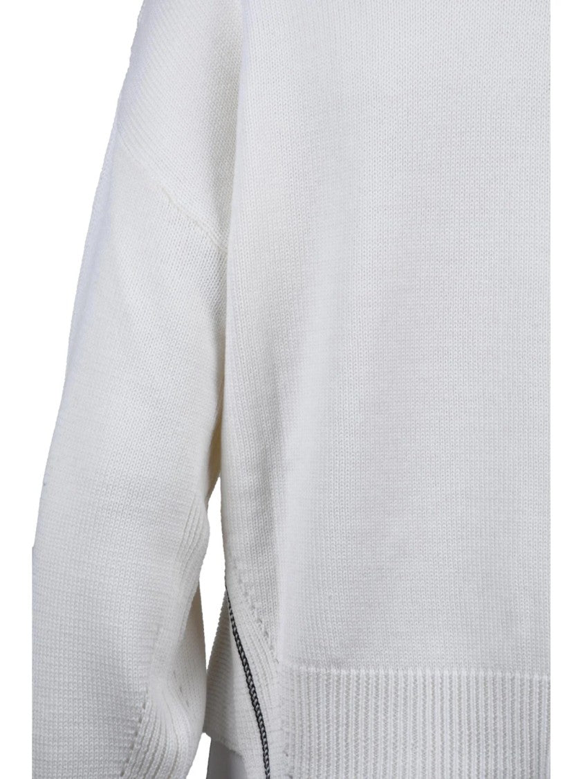 Alpha Studio Boxy White Turtleneck Sweater With Ribbed Detailing