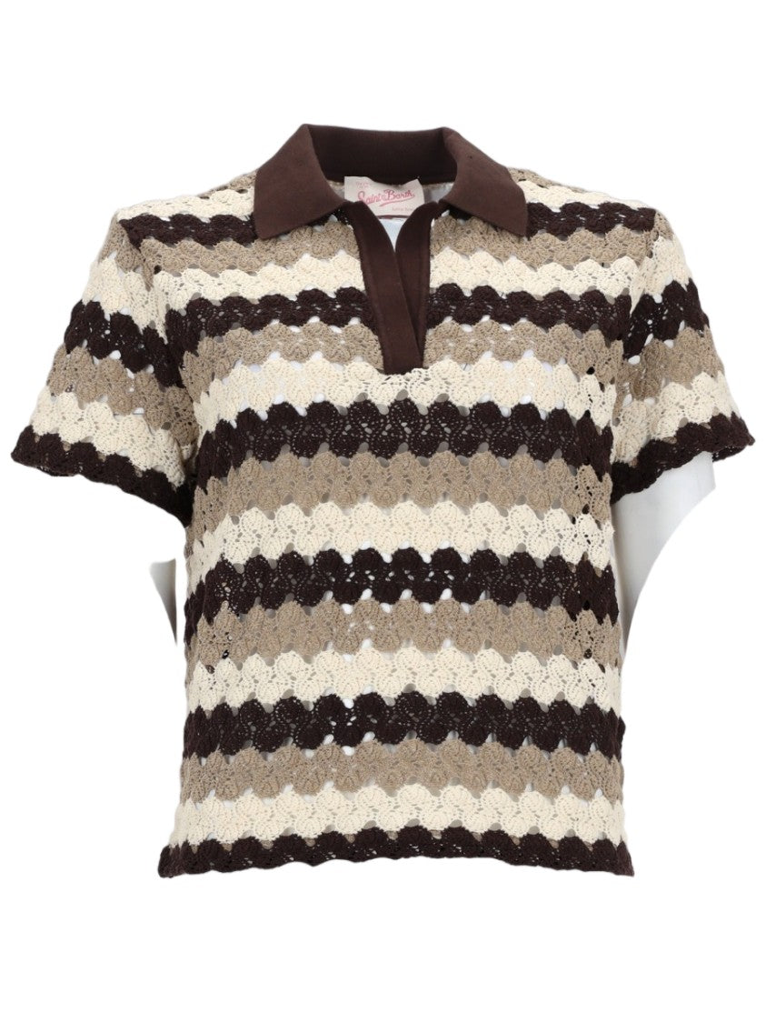 Mc2 Saint Barth Neutral Crochet Wavy Striped Polo Shirt