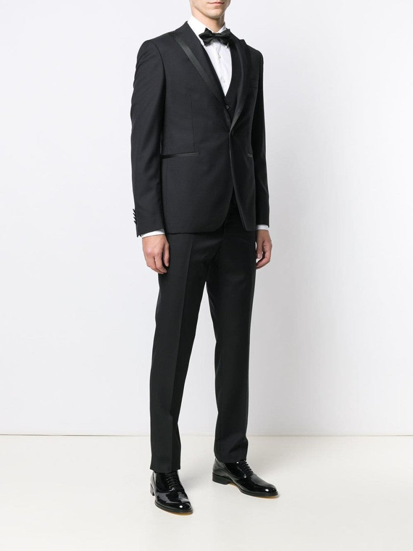 Tagliatore Three-Piece Black Suit With Pointed Satin Lapel