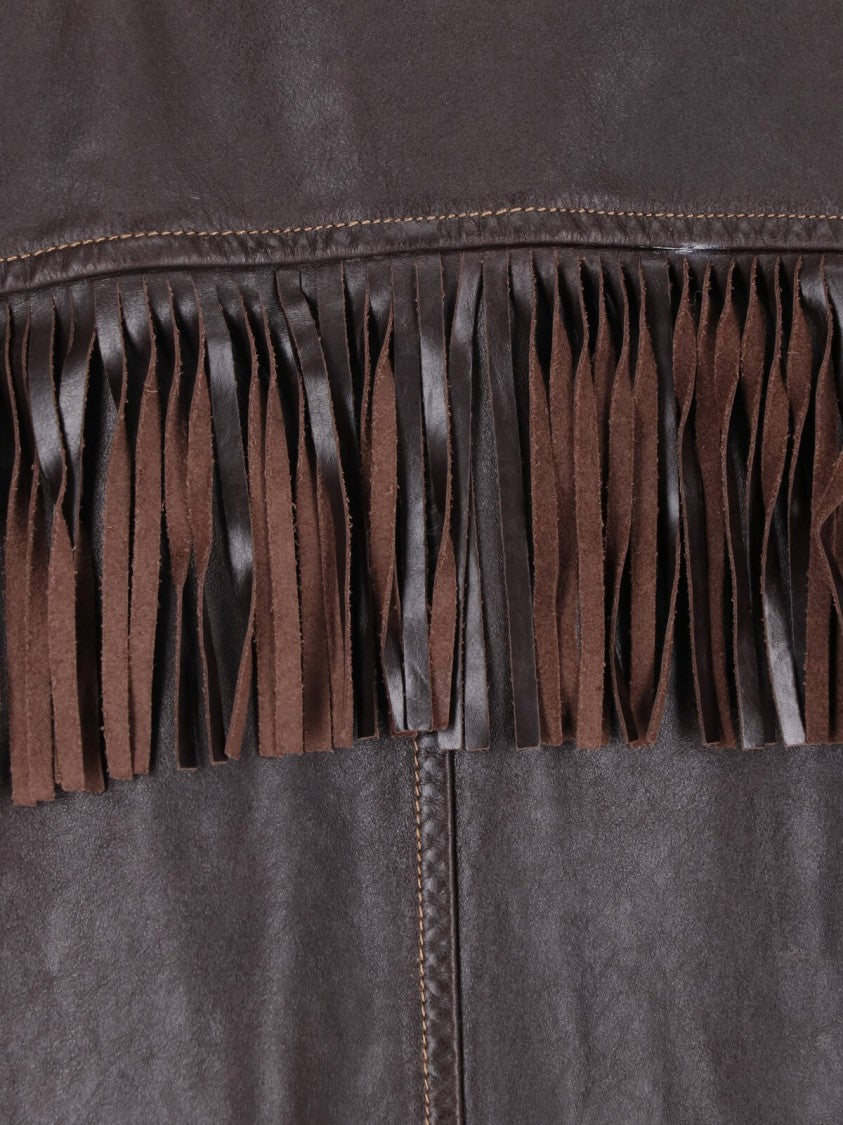 Polo Ralph Lauren Fringed Brown Leather Jacket With Classic Collar