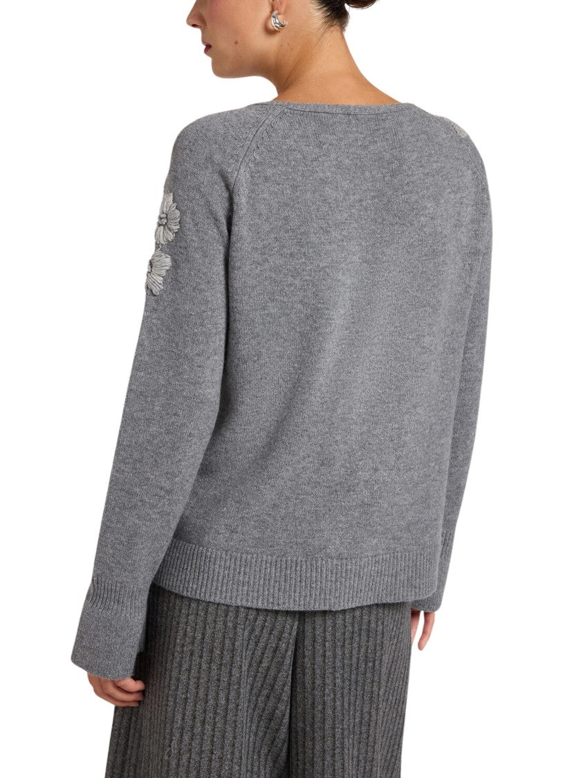 Elena Miro` Grey Floral Embroidered Wool Boatneck Sweater
