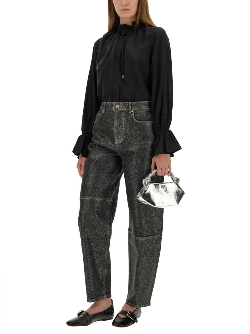 Ganni Black Fluid Cupro Shirt With Ruffled Collar