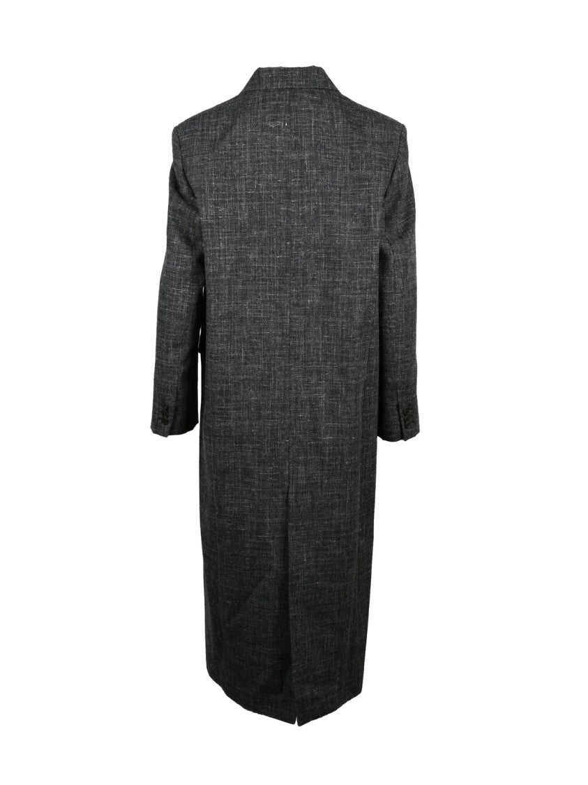 Alysi Grey Wool-Linen Blend Double-Breasted Long Coat