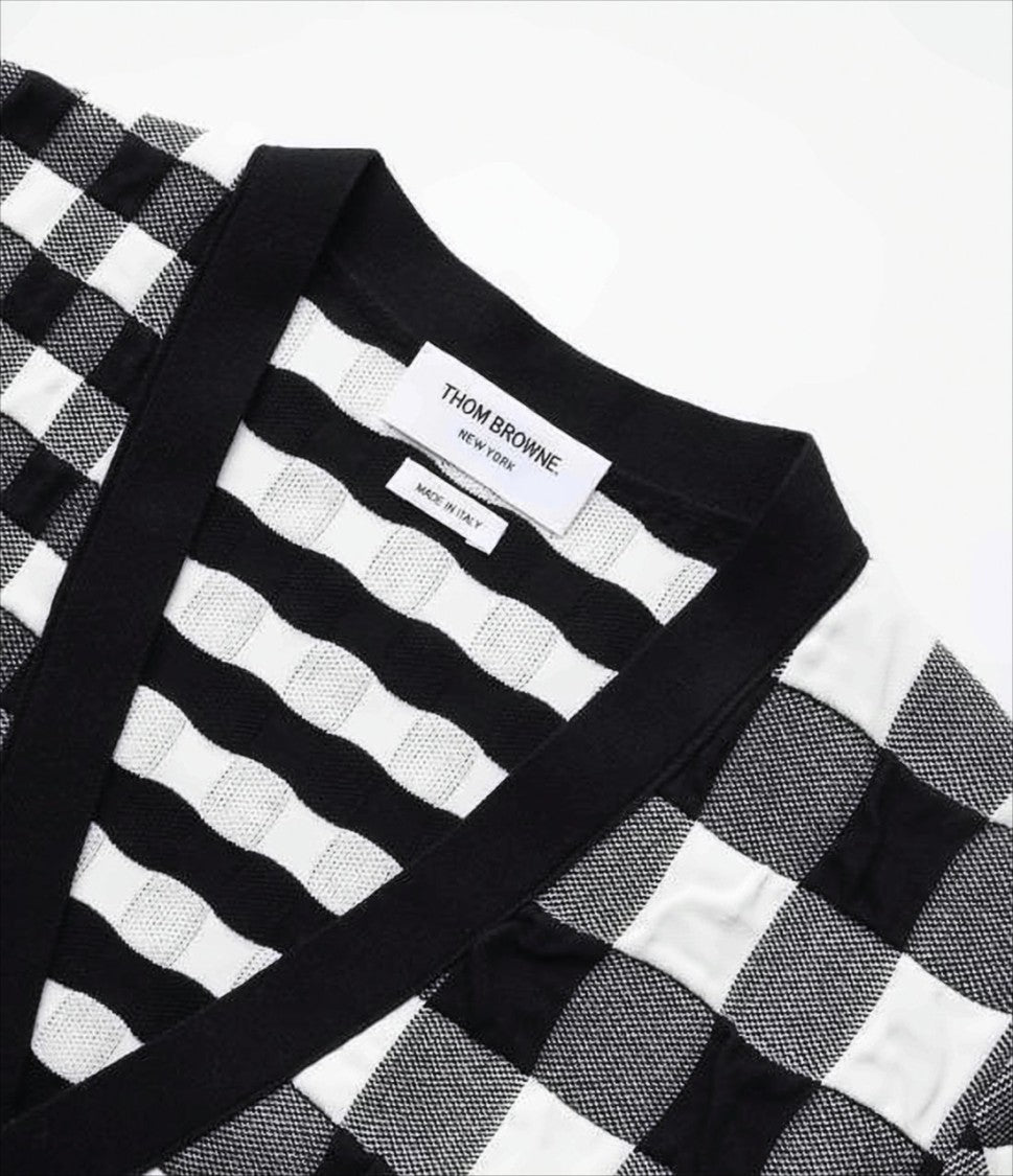 Thom Browne Checkered Knit Cardigan With V-Neckline And Patch Pockets