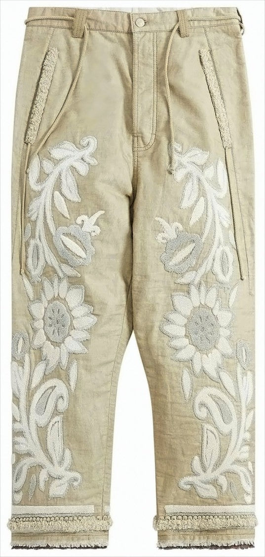 Craig Green Beige Cotton Straight Pants With Floral Embroidery